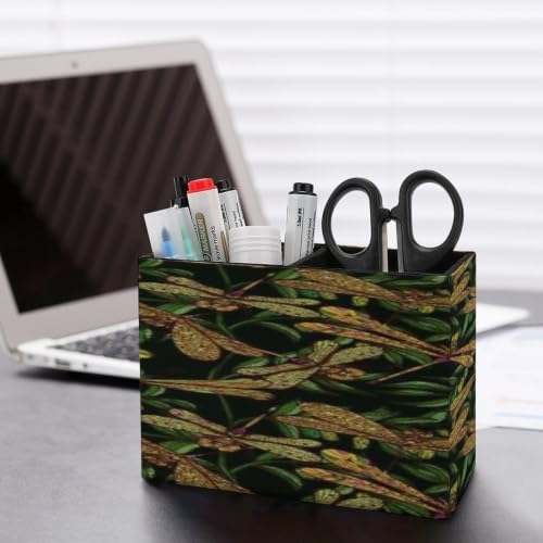 PU Leather Multi-Compartment Pen Holder Desktop Organizer Pencil Cup Storage Caddy for Office Home Supplies Hand Drawn Vintagel Pattern with Dragonflies And Olive Branches - Image 5