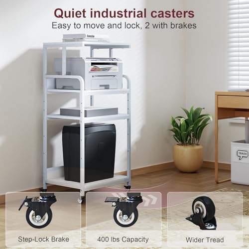 4-Tier White Printer Stand with Wheels, Extra Large Tall Printer Table with Storage Shelf, 4 Tier Printer Cart, Home Printer Stands (White) - Image 4