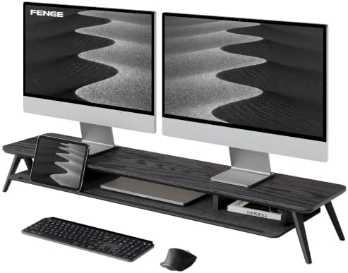 Fenge Solid Wood Dual Monitor Stand with 2-Tier Storage by Fenge