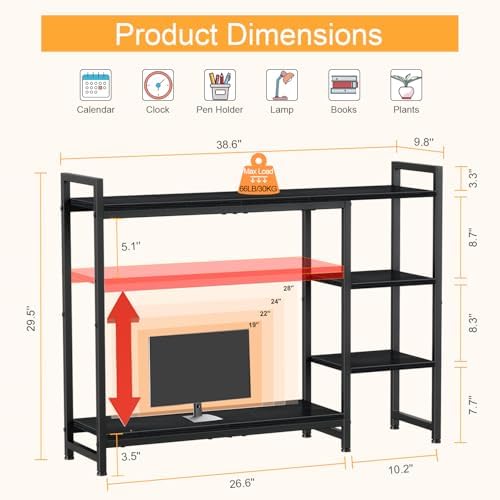 Snughome Adjustable Desk Shelf with Monitor Stand, 38.6" Desktop Organizer Hutch, Height Adjustable Computer Monitor Riser & 4 Tier Storage Bookshelf for Home Office Dorm, Black - Image 3