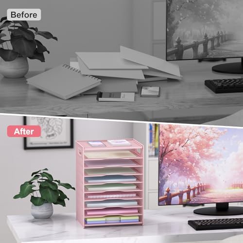 OUTWOLF 10 Tier Paper Organizer - Letter Tray Mesh Desk File Organizer with Handles for Office School Desktop, Pink - Image 4