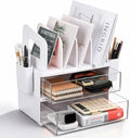 LALOBLUE Acrylic Desk Organizer with Drawer and Vertical File Holder, Desk Organizers and Accessories, Multi-Functional Office Supplies Organizer for Home or Work Desk, White by Laloblue