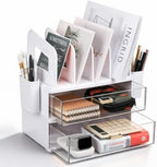 LALOBLUE Acrylic Desk Organizer with Drawer and Vertical File Holder, Desk Organizers and Accessories, Multi-Functional Office Supplies Organizer for Home or Work Desk, White by Laloblue