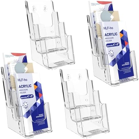 Brochure Holder 4x9 Inch 3 Tier Acrylic Literature Holders Clear Plastic Flyer Display Stand Countertop Use or Wall Mount Pamphlet Holder Organizer for Office, Lobby, Hotel, Trade Show, 4 Pack by HLF-ho