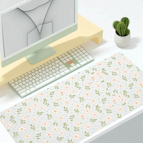 Pastel Ditsy Floral Office Desk Mat 31.5" x 15.7" Desktop Mat PU Leather Large Mouse Pad White Mousepad Non-Slip Table Mat for Girls, Women, Home, Work, Computer, and Gaming - Image 2