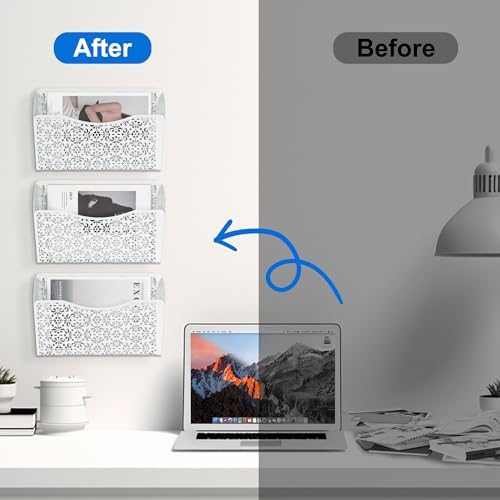 EasyPAG 3 Pack Hollow Design Wall-Mounted File Organizer - Heavy Duty Metal, Vertical Space Saving, Letter Size Single Pocket Holder for Office, Home, School, White - Image 5