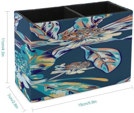 PU Leather Multi-Compartment Pen Holder Desktop Organizer Pencil Cup Storage Caddy for Office Home Supplies Blue Vintage Vector Pattern Blue Background - Image 2