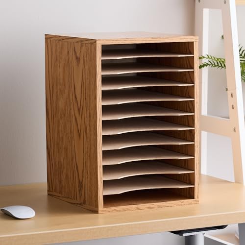 Safco Vertical Desktop Sorter, Wooden Paper Organizer for Home Office and Classroom, 11 Adjustable, Letter-Size Compartments, Medium Oak - Image 3