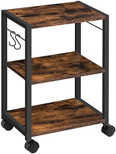 MAHANCRIS Printer Stand, 3-Tier Under Desk Rolling Cart with Storage Shelf, Heavy Duty Printer Table with Wheels for Home and Office, Printer Shelf with 2 Hooks, Small Spaces, Rustic Brown PTHR4001Z by MAHANCRIS