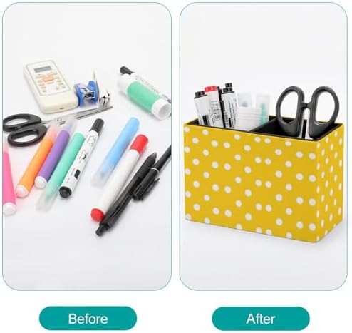 Pens Holder, Pencils Holder for Desk Organizer, Yellow Polka Dots PU Leather Pencil Cups Desktop Stationery Storage Makeup Brush Holder Pens Organizer for Office Home - Image 3