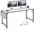 Tangkula 60” Large Computer Desk with Charging Station, Modern Simple Study Writing Desk with Storage Bag, Headphone Hook, Sturdy Metal Frame, Home Office Workstation by TANGKULA