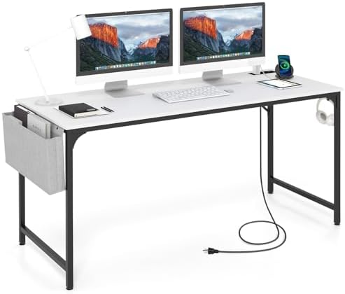 Tangkula 60” Large Computer Desk with Charging Station, Modern Simple Study Writing Desk with Storage Bag, Headphone Hook, Sturdy Metal Frame, Home Office Workstation by TANGKULA