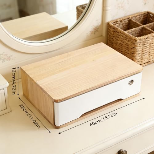 Desktop Storage Box,Desk Organizer Drawers,Desktop Organizer,Office Supplies Drawer Organization with Lockable Drawer for Office,School Supplies,1Tiers,Original Wood Color, White - Image 3