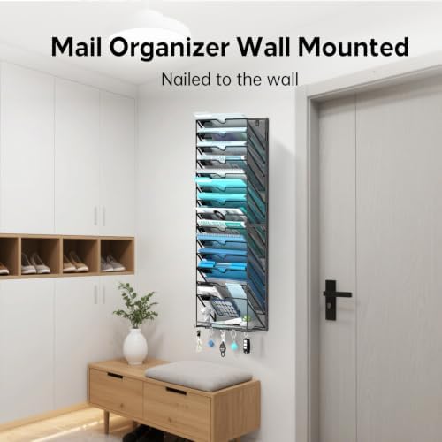 15 Tier Wall File Organizer - Hanging File Organizer with 5 Hooks, Mail Holder Wall Mounted for Papers, Folders, Magazines, Bills, Office&School Organization, Black - Image 4