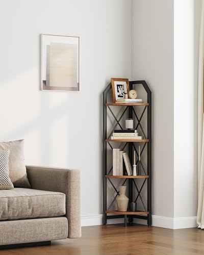 CHOEZON 47.6" Corner Shelf, 4-Tier Industrial Corner Bookshelf, Corner Storage Stand, Corner Bookcase for Bedroom, Living Room, Home Office, Rustic Brown and Black TCJ09BF - Image 6