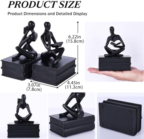 Reading Figurine Book Ends Book Lovers Gifts for Bookshelf Decorations for Readers, Graduates, Students, Teachers, Sculpture Home Decor for Shelves Desk Office Living Room (Black) - Image 4