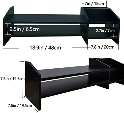 Computer Monitor Riser, 2 Tier Wooden Stand With Two Layer Storage Rack, Black Desktop Organizer for PC/Laptop, Home & Office - Image 4