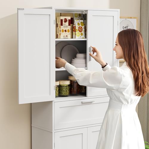 Iwell 67" Tall Storage Cabinet with Adjustable Shelf & 1 Large Drawer, Pantry Cabinet with 4 Doors, Kitchen Cabinets for Dining Room, Living Room, Home Office, White - Image 6