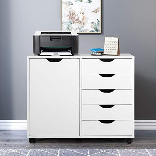 GIANTEX File Cabinet, Mobile Lateral Filing Cabinet with 5 Drawers &1 Door, Wheels, Rolling Storage Organizer for Home Office, Study Room (31”x 15.5” x 25.5”, White) - Image 2