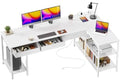 PRAISUN 63 Inch L Shaped Office Desk with Power Outlets and Type-C Port, Large Computer Gaming Desk with 3 Fabric Drawers, Mesh Shelves, Corner Study Work Writing Desk, White by PRAISUN