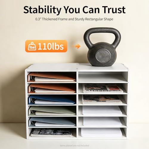 12 Slot Mail Sorter Organizer, Wood Literature Organizer Student Mailbox for Classroom, Desktop File Paper Storage Rack for Office Home School - 19.3" L×12”W×16“H (White, 12-Compartment-B) - Image 4