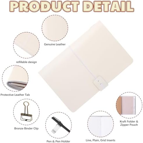 Thenshop Traveling Refillable Leather Journal Notebook, White, A5 Size - Image 3