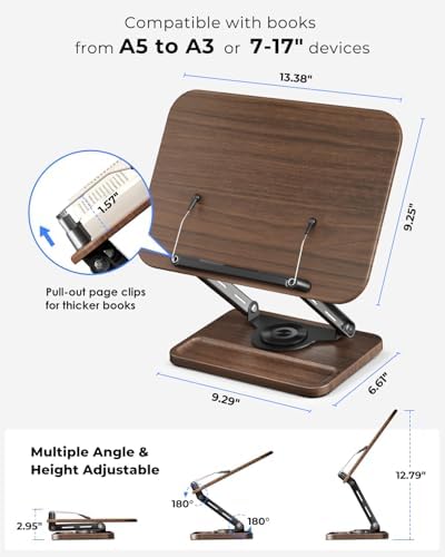 Viozon Book Stand for Reading, Book Holder 360° Rotating Base with Pen Slot, Foldable Reading Display Stand with Elastic Page Clips for Cookbook, Recipe, Textbook, Tablet, Laptop - Image 3