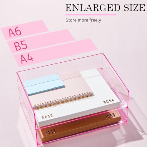 Harloon 4 Tier Paper Organizer Letter Tray Pink Acrylic Desk File Organizer Heavy Duty Stackable Documents Clear Letter Paper Holder Office Tray for A4, Office Classroom Home File Pad Notebooks - Image 4