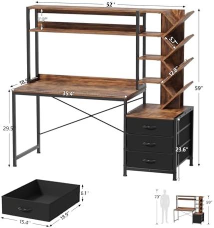 YOMILUVE 52" Computer Desk with Bookshelf, 3 Drawers ＆ Hutch for Bedroom - Image 2