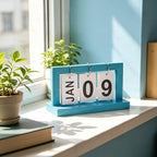 Wooden Perpetual Flip Calendar—Blue Wood Tone—Clean Page Flipper with Sturdy Metal Ring—Reusable Perpetual Date Tracker for Workspace Desk or Shelf - Image 4