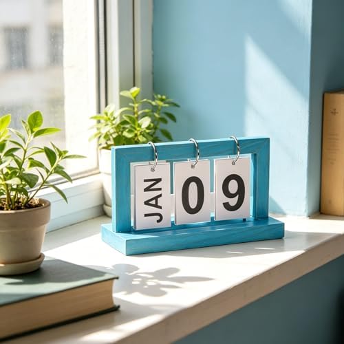 Wooden Perpetual Flip Calendar—Blue Wood Tone—Clean Page Flipper with Sturdy Metal Ring—Reusable Perpetual Date Tracker for Workspace Desk or Shelf - Image 4