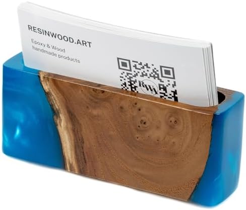 RWA Blue Business Card Holder – Luxury Square Desk Organizer, Stylish Office Decor, Slim Card Holders - Wood & Epoxy Card Display Stand for Men and Women, Office Desk Accessories - SMART, blue - Image 4