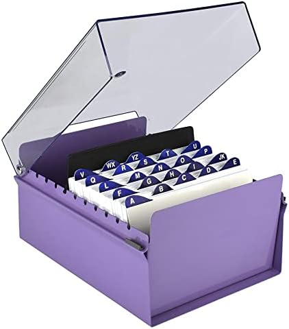 Acrimet 5 X 8 Card File Holder Organizer Box Metal Base Heavy Duty (AZ Index Cards and Divider Included) (Purple Color with Clear Crystal Plastic Lid Cover) by Organizingyourlife