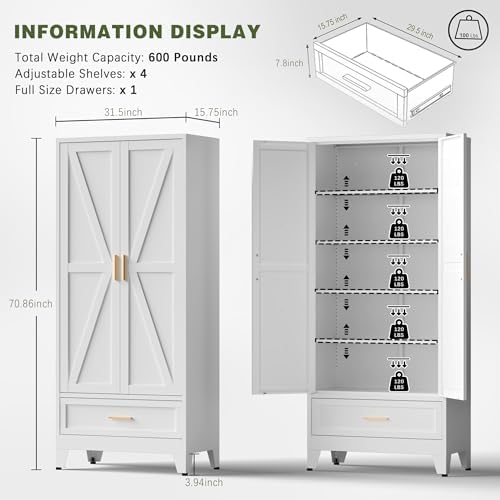 COFaR Metal Storage Cabinet, Farmhouse Storage Cabinet with 2 Doors and 4 Adjustable Shelves - 71" White Kitchen Pantry Storage 5-Tier Tall Steel Cabinets Locker for Kitchen, Living Room, Dining Room - Image 2