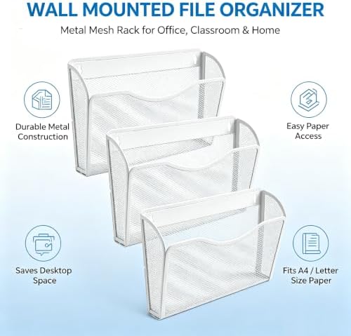 Gawerk Mesh Hanging Wall File Holders, Metal Vertical Wall Basket Mail Organizer for Office/Home (White, 6 Pack Wall Mounted) - Image 3