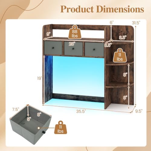 Tangkula Desktop Bookshelf with LED Lights, Dorm Desk Hutch, Rustic Brown - Image 3
