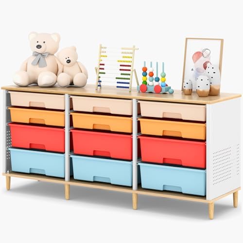 TOOLF 12 Drawers Storage Cabinet with Wooden Top and Plastic Bins,Colorful by TOOLF