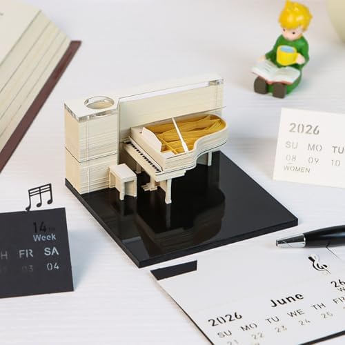3D Memo Pad, 3D Calendar 2027, Time Piece Calendar, Tear-Off Calendars 2027, 3D Paper Carving Art Memo Pad, Art Carving Sticky Notes for Office Home Gifts Ornaments (Piano - White) - Image 2