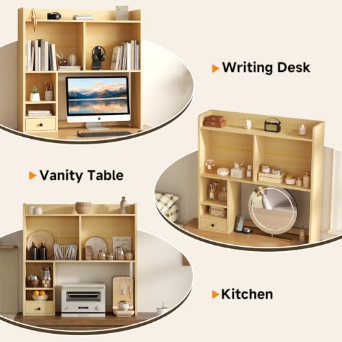 knoworld Desktop Bookshelf for 27" Monitor, 36.4" Tall Dorm Desk Hutch Organizer with 5 Shelves & 1 Drawer, Engineered Wood Desk Shelf for Computer Desk, Natural - Image 4