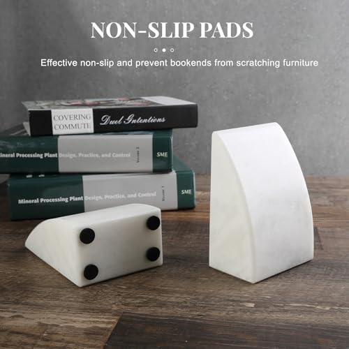 Koville Marble Bookends for Shelves, Large Bookends for Heavy Books, Natural Stone Book Stopper for Books CD Movies, Aesthetic Decorative Book Ends (White) - Image 3
