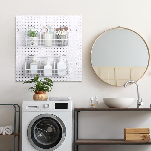 Suzile 2 Pcs Metal Garage Baskets Set with 4 Pegboard Hooks - Wall Mount Storage for Workbench, Bathroom Accessories - 3 Grid (White) - Image 6