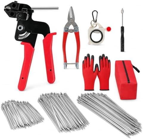350Pcs Metal Zip Ties Gun Kit, Silver 8/12/16in Stainless Steel Zip Ties, Heavy Duty Cable Tie Fastening Cutting Tool Set with Organizer, Gloves, Storage Bag for Fence, Exhaust Wrap by Unknown