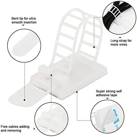 50Pcs Adhesive Cable Management Clips with 50Pcs Zip Ties, Adjustable Nylon Cable Strap Ties Wire Clips Clamps Organizer, Extra Screw & Hole - 3.55 Inch White - Image 3