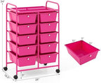 Giantex 10 Drawers Rolling Cart, Classroom Organizers, Storage Cart with Wheels, for Teacher Office Home School Supplies Tool Craft Art Paper, Hot Pink - Image 3