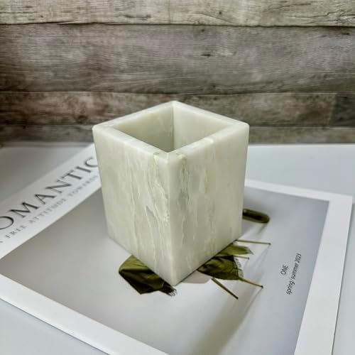 Natural Marble Pen Holder, 2.95" x 3.74" Square Hand-Polished Desk Pencil Cup, Multi-Functional Marble Organizer for Makeup Brushes, Kitchen Utensils, Office, Bathroom, Home Decor - Image 2