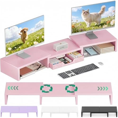 OPNICE Dual Computer Monitor Stand Riser, Desk Organizer with Drawer, Office Desk Accessories & Workspace Organizers for Home Office Supplies, Pink by OPNICE