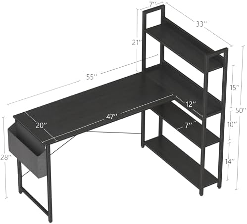 Treesland 55 Inch Small L Shaped Desk, Corner Desk with Bookshelf, Home Office Desk, Writing Study Desk for Bedroom, Black - Image 3