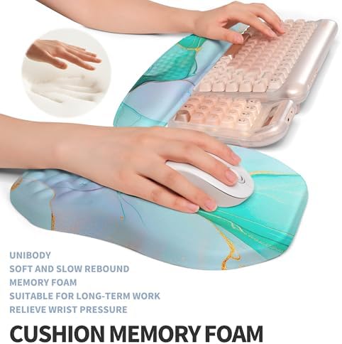 2-in-1 Ergonomic Set, Wave Keyboard Wrist Rest and Massage Slope Mouse Pad Wrist Support, Rebound Memory Foam for Relieve Carpal Tunnel Syndrome and Wrist Pain (Green Gold Marble) - Image 4