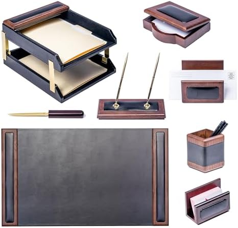 Dacasso Walnut and Black Leather Desk Set, 10-Piece, 34" x 20" - Image 4