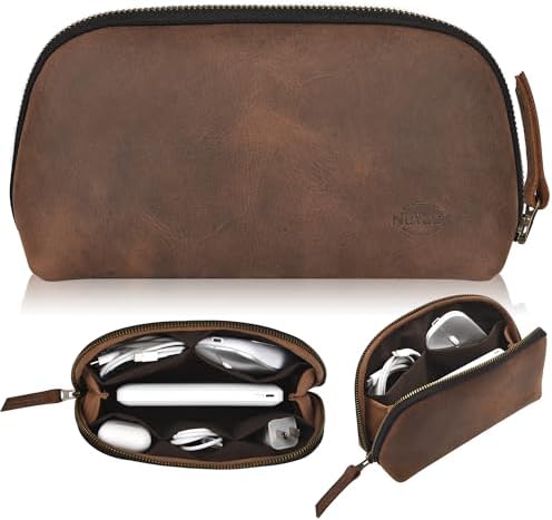 Leather Tech Pouch for Cables Chargers Phone | Tech Bag | Zipper Travel Accessory Pouch | Electronic Organizer Case Travel Bag (Vintage Dark Brown) by NUTUCH